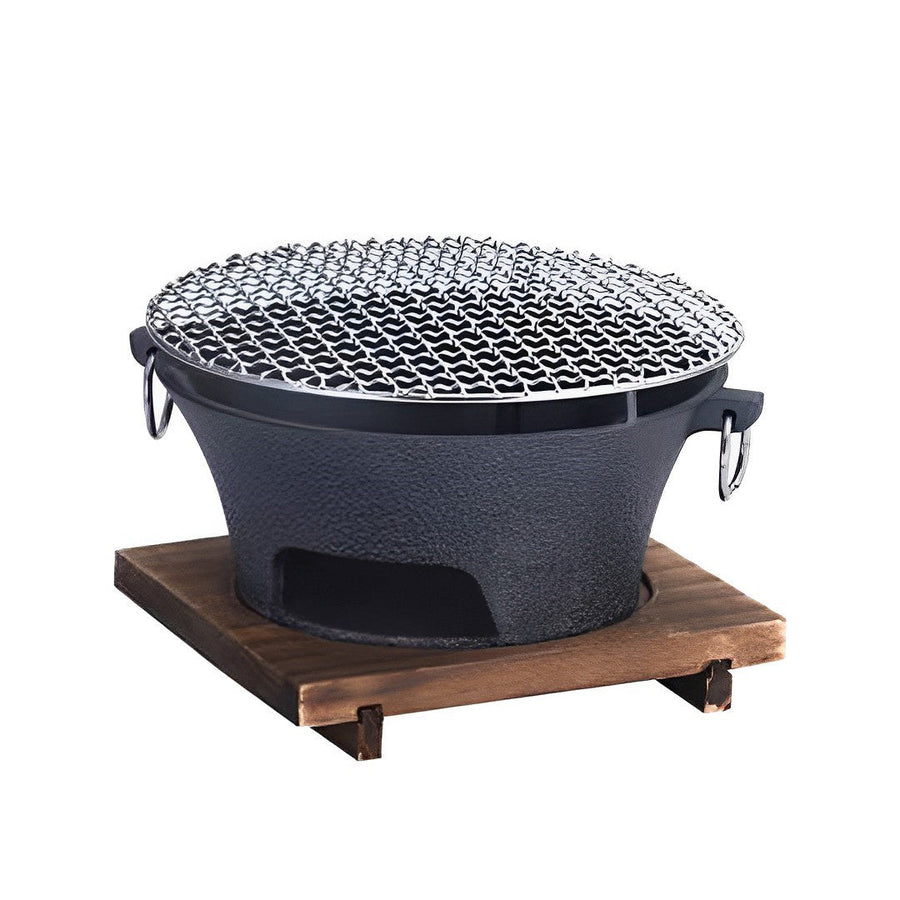 NNEAGS Medium Cast Iron Round Stove Charcoal Table Net Grill Japanese Style BBQ Picnic Camping with Wooden Board-0