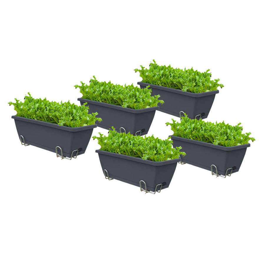 NNEAGS 49.5cm Black Rectangular Planter Vegetable Herb Flower Outdoor Plastic Box with Holder Balcony Garden Decor Set of 5-0