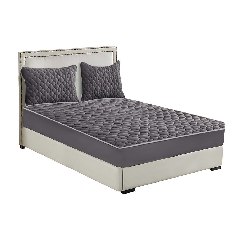 NNEAGS Grey 153cm Wide Mattress Cover Thick Quilted Fleece Stretchable Clover Design Bed Spread Sheet Protector with Pillow Covers-0