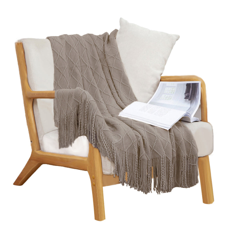 NNEAGS Coffee Diamond Pattern Knitted Throw Blanket Warm Cozy Woven Cover Couch Bed Sofa Home Decor with Tassels-0