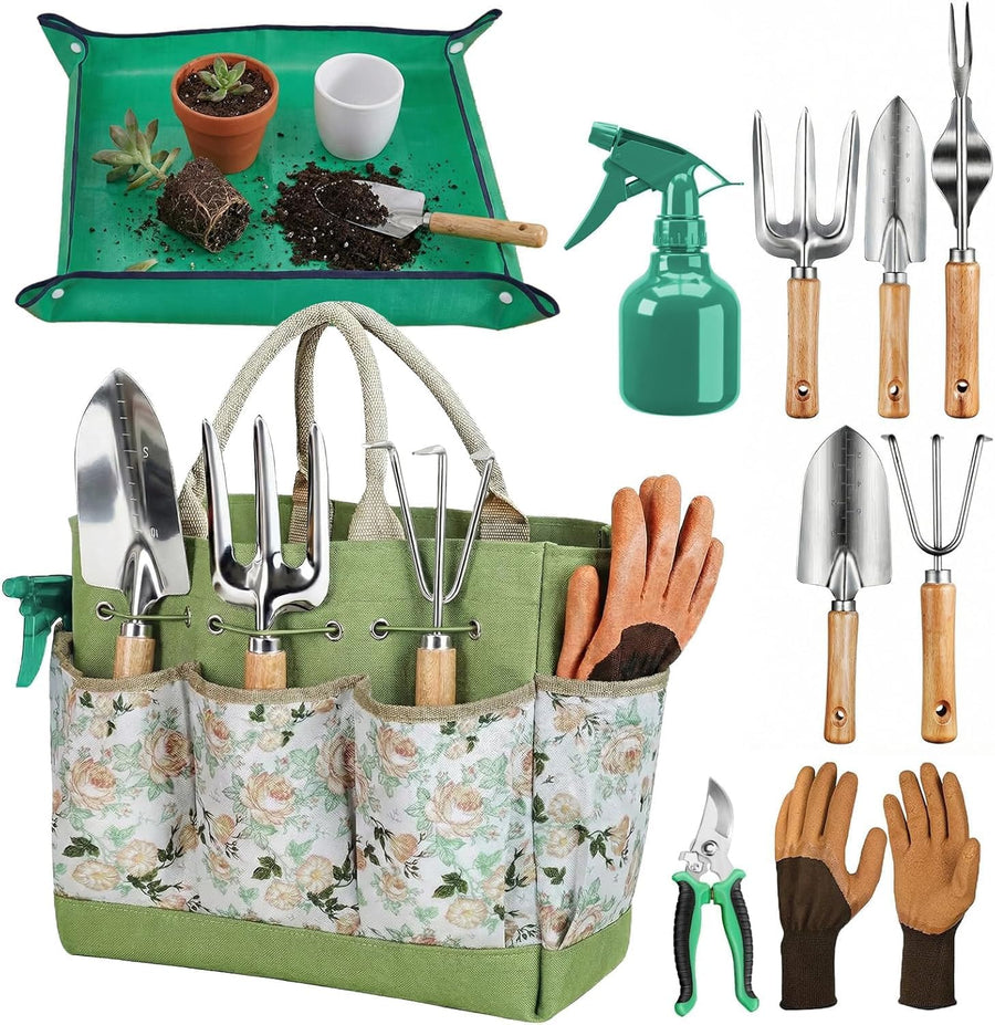 Gardening Tools 10-Piece Heavy Duty Gardening Hand Tools with Fashion and Durable Garden Tools Organizer Handbag,Rust-Proof Garden Tool Set, Ideal Gardening Gifts for Women