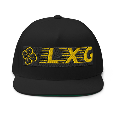 LXG AU Embroidered Flat Bill Cap — Blackout, gold LXG embroidery