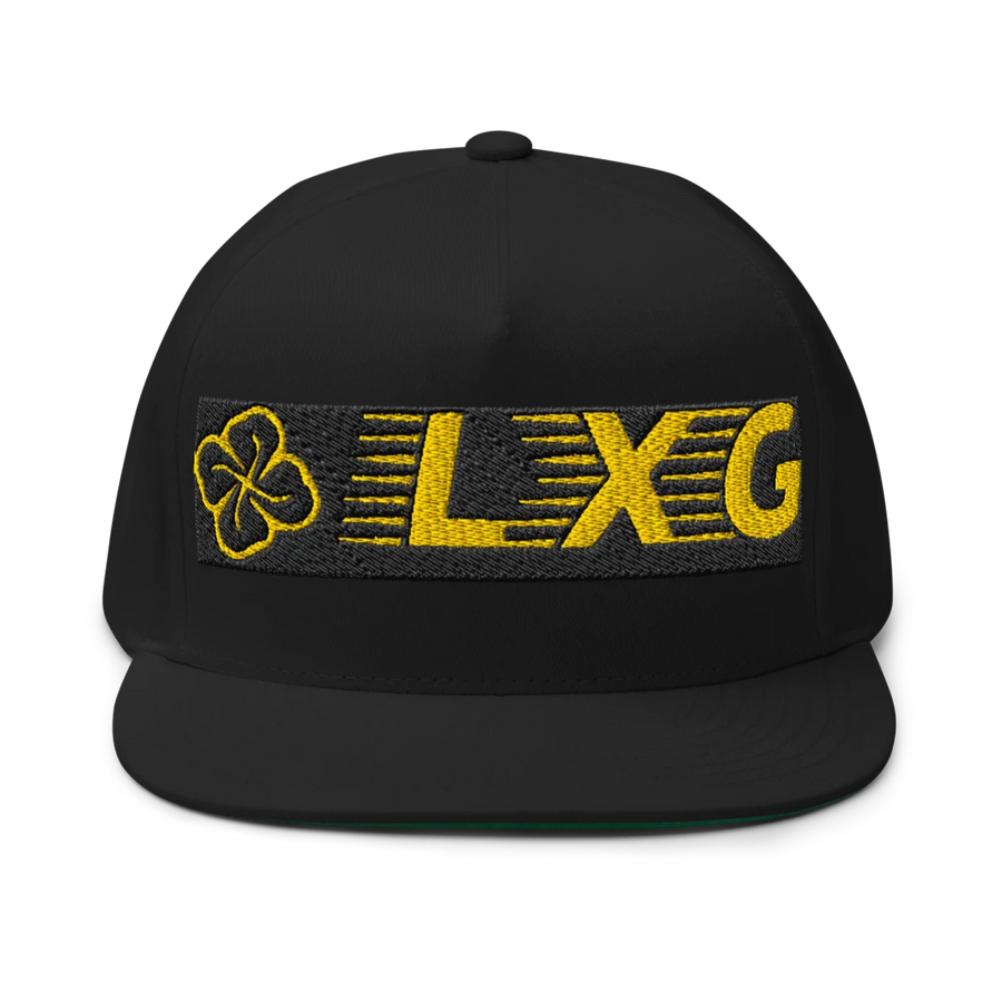 LXG AU Embroidered Flat Bill Cap — Blackout, gold LXG embroidery