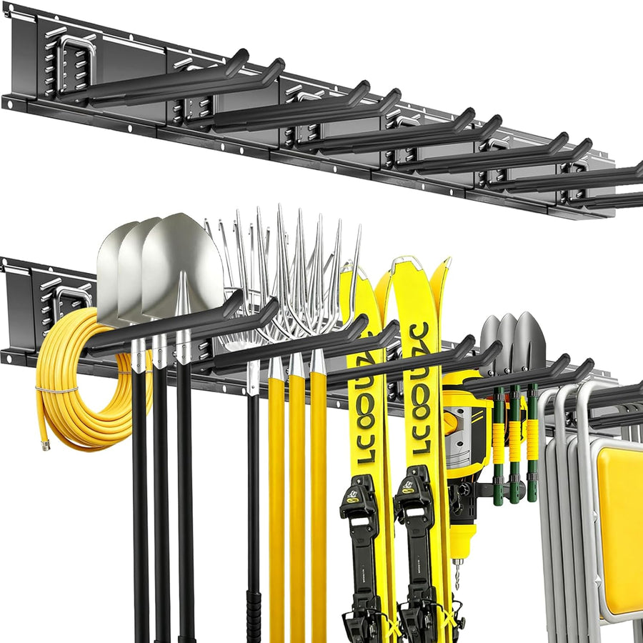 Garage Organization Tool Organizer Wall Mount, 48Inch Heavy Duty Garden Tool Storage System, Easy Install with 6 Adjustable Straight Hooks, for Home, Garage, Outdoor, Workshops (Black)