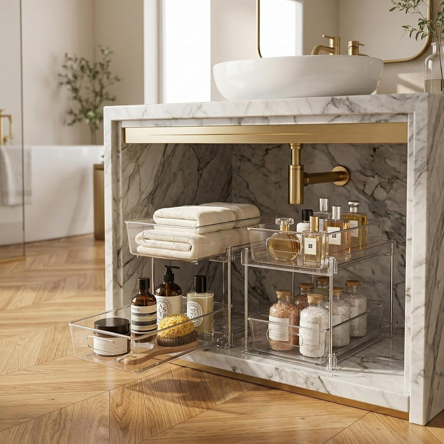 2 Pack under Sink Organizer 2 Tier Pull Out Drawer Storage, under Sink Storage Rack for Bathroom Kitchen, Cabinet Organizer, Sliding Drawer Shelf, Space Saving Countertop Storage Container
