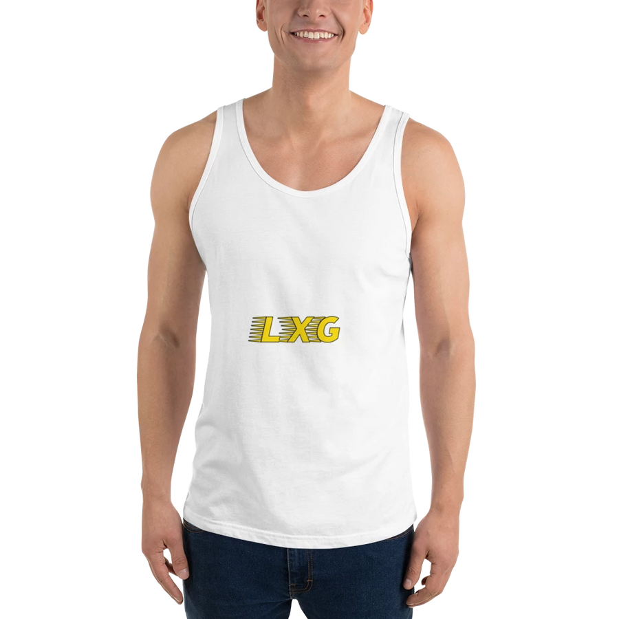 LXG AU Tank — White with gold LXG chest print
