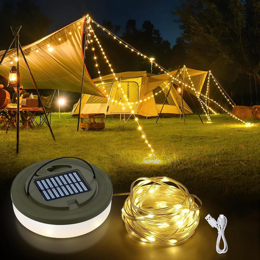 Camping String Lights 2 in 1, 10M Waterproof Outdoor Fairy Lights with 6 Lighting Modes, USB-C Rechargeable, Easy Storage Portable Hanging Camping Lights, for Hiking Party Christmas Decoration