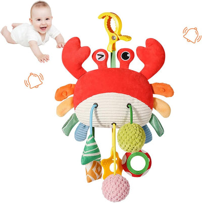 Baby Activity Crab Hanging Toy | Soft Plush Sensory Toys with Rattle Textures, Stroller Toy for Car Seat and Crib, Early Educational Toys for Infant