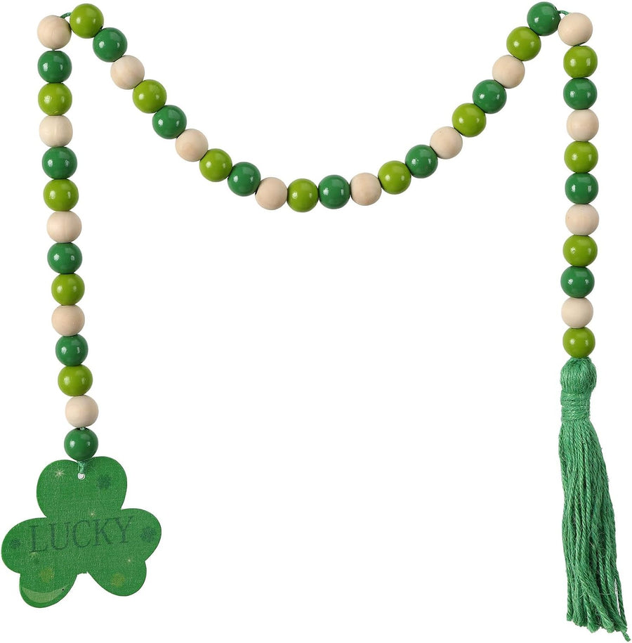 Wood Bead Garland with Tassels - St Patricks Day Decorations,Saint Patricks Day Decor,Shamrock Farmhouse Cozy Home Tiered Tray Decor,Wooden Wall Hanging Bedroom round Beads Decorative Rope
