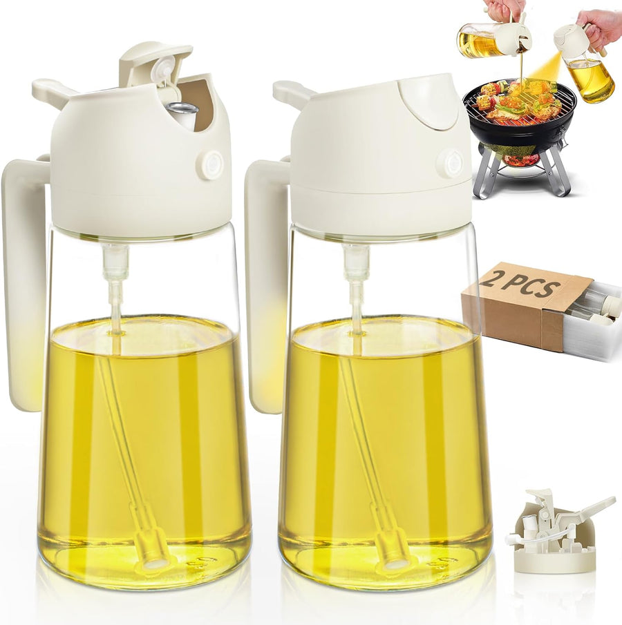 Oil Sprayer for Cooking 2Pcs, 2 in 1 Oil Dispenser - 16Oz Glass Spray Bottle, Mist Olive Oil Dispenser for Kitchen, Air Fryer, Salad, Grill (White Accessories)