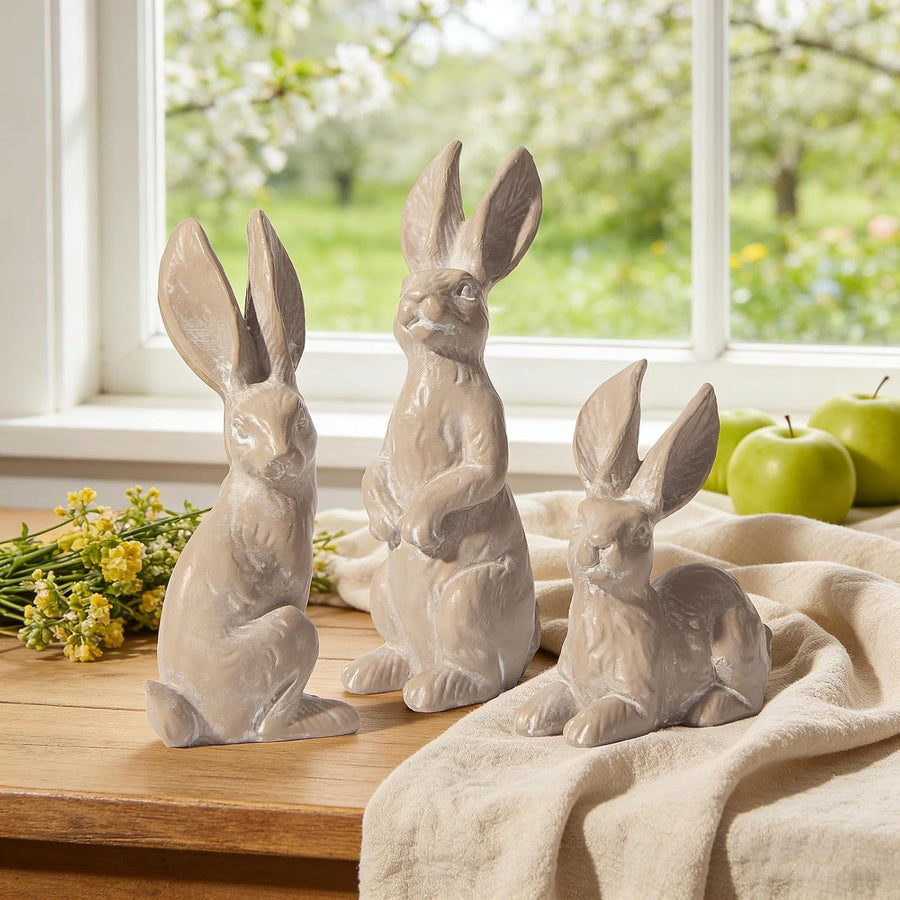 Easter Decorations Bunny Figurines Set of 3 - Rabbit Statues Farmhouse Spring Home Decor, Light Brown Resin Easter Tabletop Rustic Decor for Shelf, Mantel, Coffee Table