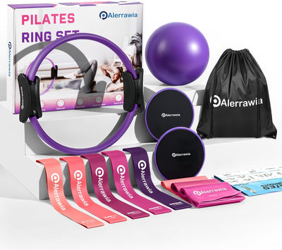 Pilates Ring Set Exercise Equipment with Exercise Bands Resistance Bands Set, Pilates Ball, Sliding Disks – Workout Equipment Home Gym Includes Complete Fitness Poster