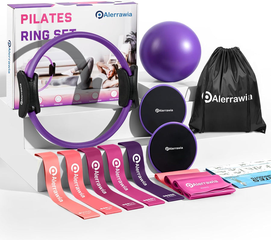 Pilates Ring Set Exercise Equipment with Exercise Bands Resistance Bands Set, Pilates Ball, Sliding Disks – Workout Equipment Home Gym Includes Complete Fitness Poster