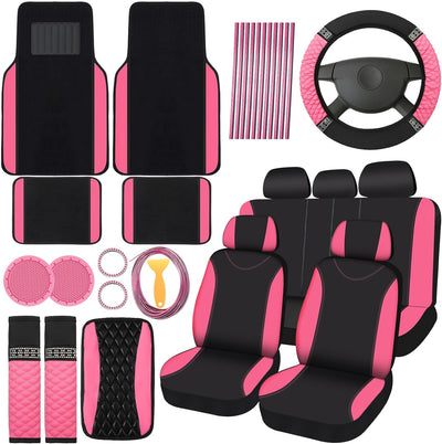 43 Pcs Bling Car Accessories Set for Women Front Seats and Rear Bench Polyester Car Seat Protectors Wheel Cover Seat Car Floor Mats Full Crystal Automotive Interior Decor(Pink and Black)
