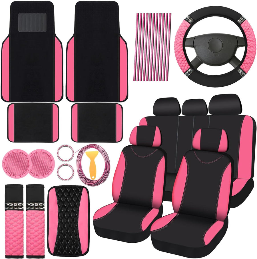 43 Pcs Bling Car Accessories Set for Women Front Seats and Rear Bench Polyester Car Seat Protectors Wheel Cover Seat Car Floor Mats Full Crystal Automotive Interior Decor(Pink and Black)