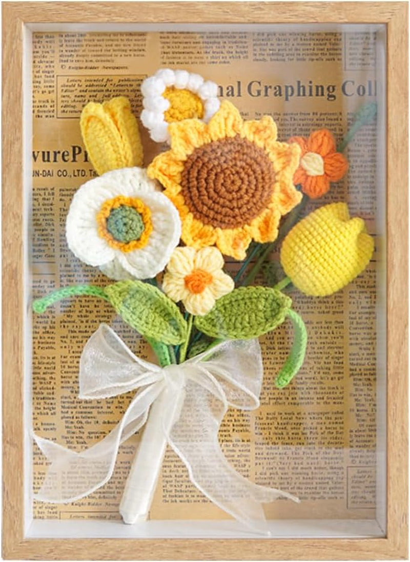 Crochet Handmade Artificial Flowers, Home Decor Gift，Handmade Preserved Crochet Flower with Photo Frame - Artificial Hand-Knitted Bouquet Wall Decor Gift(Atcf01)