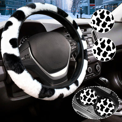 Cow Print Fuzzy Steering Wheel Cover Universal-2Pcs Car Coasters | Universal Auto 14-15 Inch Car Interior Accessories, Warm & Sweat Absorbent, Simple Installation and Effortless Removal