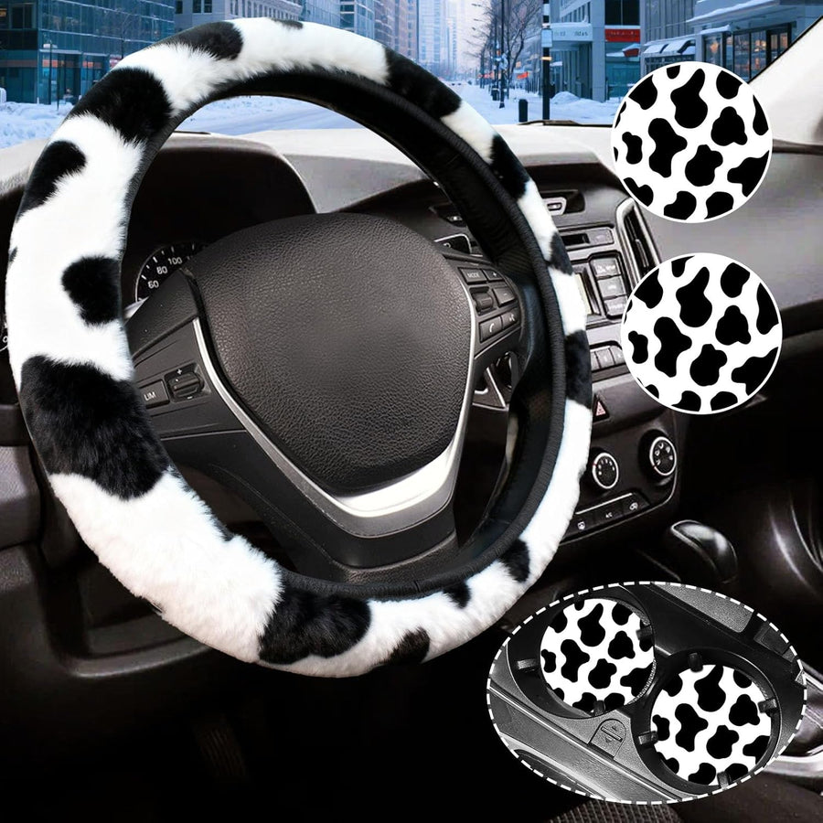 Cow Print Fuzzy Steering Wheel Cover Universal-2Pcs Car Coasters | Universal Auto 14-15 Inch Car Interior Accessories, Warm & Sweat Absorbent, Simple Installation and Effortless Removal