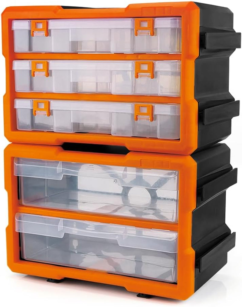 5-Drawer Multipurpose Parts Bin Organizer - Wall-Mountable, Modular & Detachable, 33 Lbs Weight Capacity - Stackable Parts Storage Drawer Box (A Set of 2+3-Drawer)