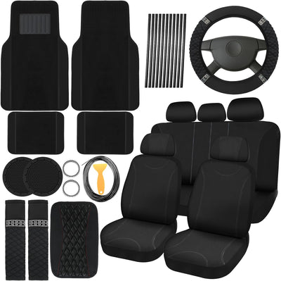 43 Pcs Car Accessories Set for Women Front Seats and Rear Bench Polyester Car Seat Protectors Wheel Cover Seat Floor Mats Full Crystal Automotive Interior Decor(Black)