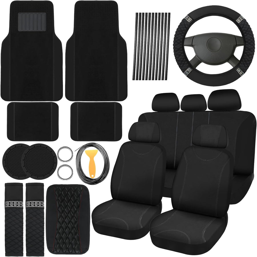 43 Pcs Car Accessories Set for Women Front Seats and Rear Bench Polyester Car Seat Protectors Wheel Cover Seat Floor Mats Full Crystal Automotive Interior Decor(Black)