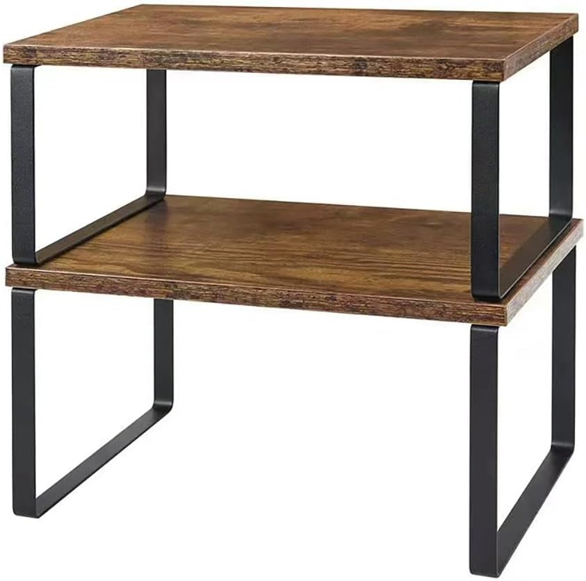 Countertop Organizer Shelf Set of 2, Stackable Kitchen Counter Storage Spice Rack, Expandable Wood Desk Bookshelf for Home Office (Walnut + Black)