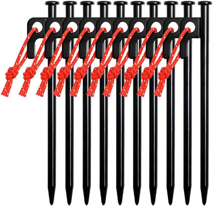 10 Pcs  Heavy Duty Tent Pegs 30Cm Forged Steel Camping Tent Stakes with Carrying Bag Windproof Fixing Nails with Hole and Rope for Outdoor Trip Hiking