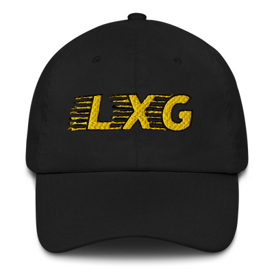LXG AU Embroidered Dad Cap — Blackout, gold LXG embroidery on black cap