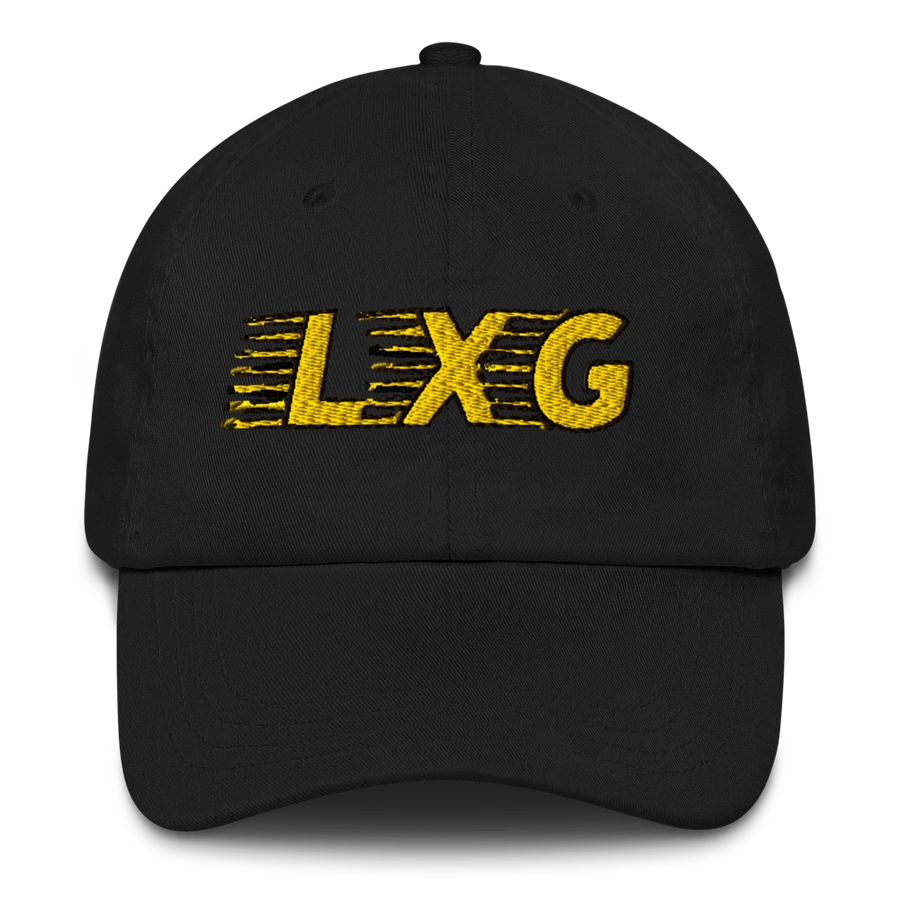 LXG AU Embroidered Dad Cap — Blackout, gold LXG embroidery on black cap