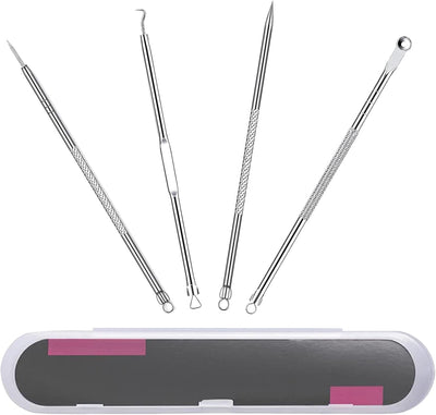 Acne Blackhead Pimple Remover Acne Tool for Face Nose, Stainless Steel Whitehead Pimple Extraction Tool 4 Piece Set, Premium Pimple Extractor Set with Acne Needles for Effective Skin Care