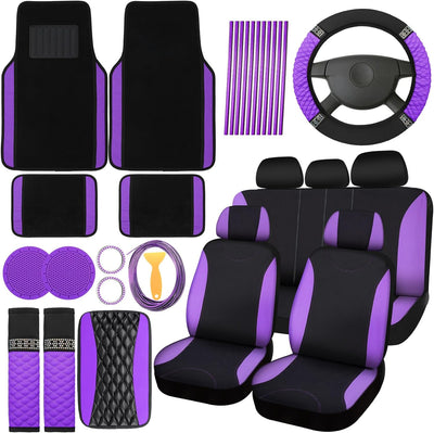 43 Pcs Bling Car Accessories Set for Women Front Seats and Rear Bench Polyester Car Seat Protectors Wheel Cover Seat Floor Mats Full Crystal Automotive Interior Decor(Purple and Black)