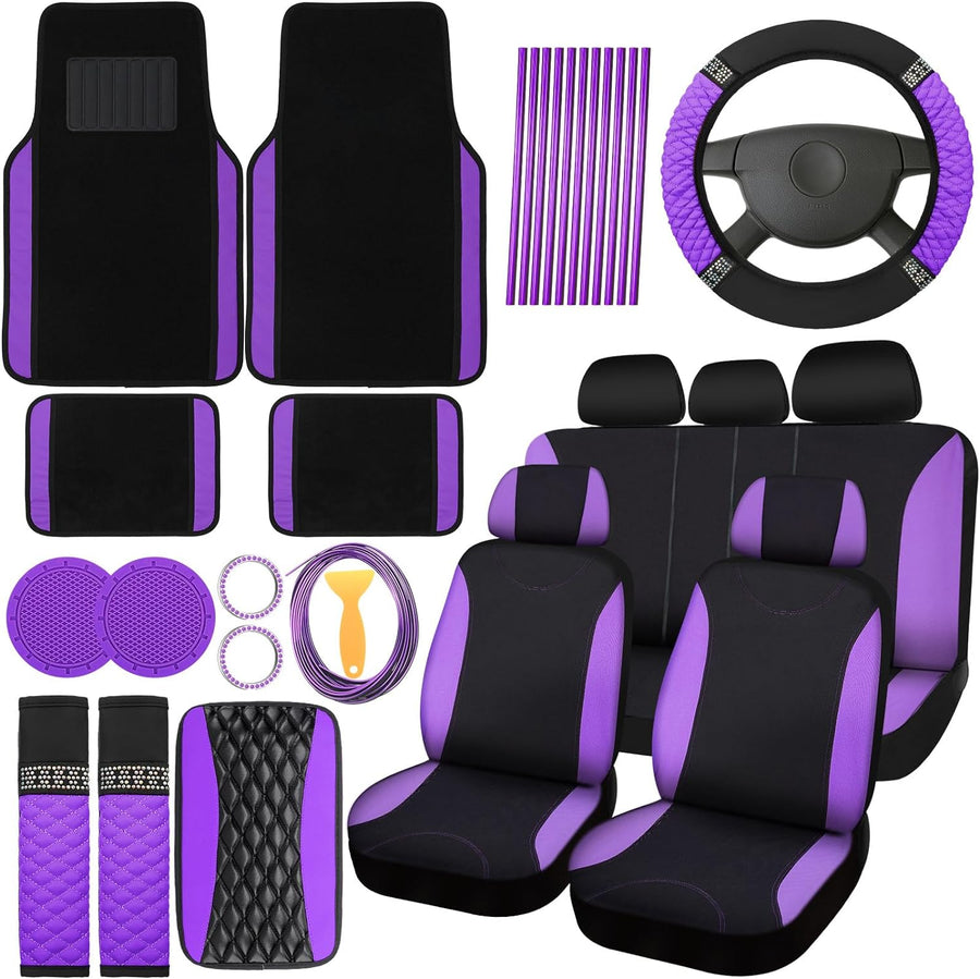 43 Pcs Bling Car Accessories Set for Women Front Seats and Rear Bench Polyester Car Seat Protectors Wheel Cover Seat Floor Mats Full Crystal Automotive Interior Decor(Purple and Black)