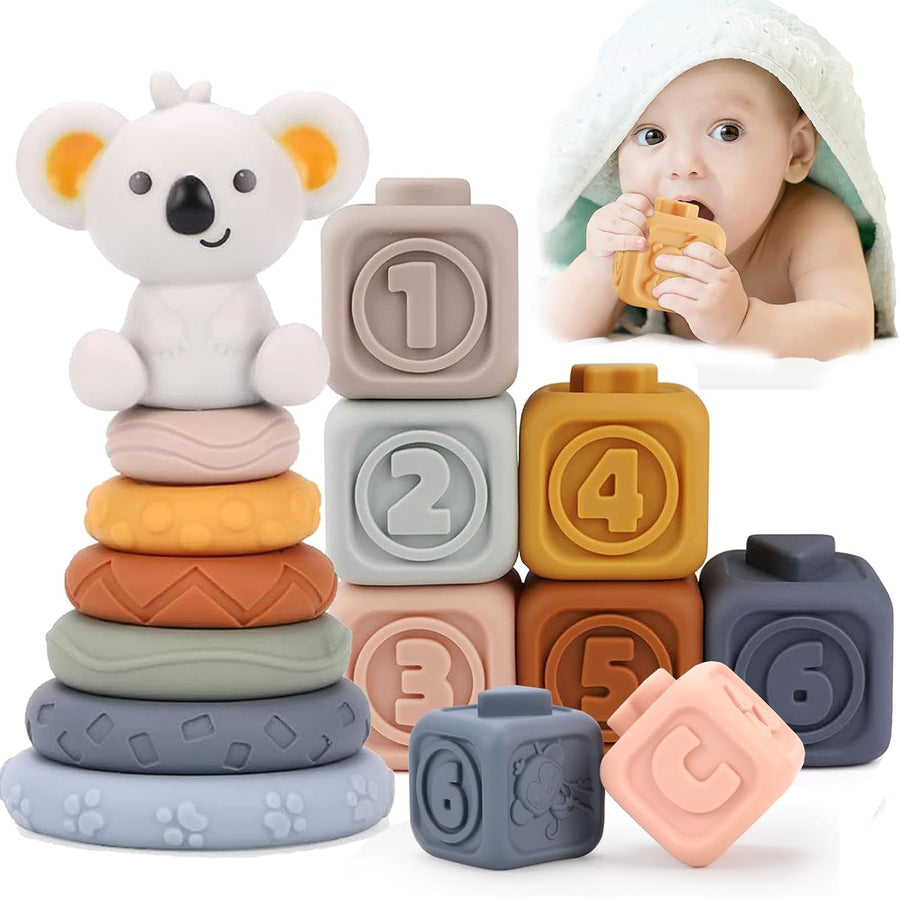 Baby Toys Stacking Blocks, Educational Sensory Toys, 13 PCS Baby Soft Building Blocks Toys, Montessori Toys for Babies, Gifts for 6 12 18 Months Old Toddler Girls Boys (Koala)