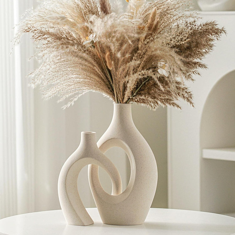 Snuggle Hollow Ceramic Vase Set of 2(Big Size), Boho Ins Style round Nordic Mid Century Modern Aesthetic Decorative Vase for Home Decor (Cream W 6.8" X H 11")