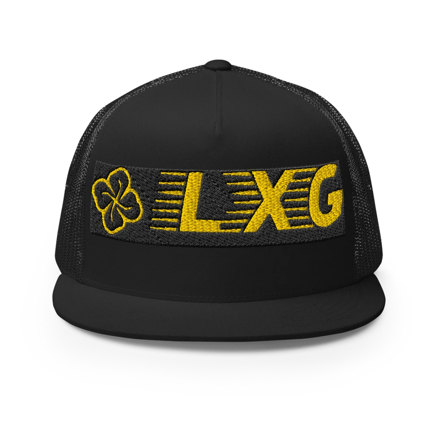 LXG AU Embroidered 5 Panel Trucker Cap — Blackout, gold LXG embroidery
