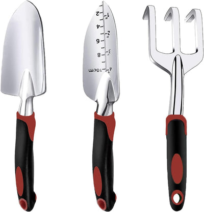 Garden Tool Set, 3 Piece Gardening Tools Includes Garden Trowel, Transplant Trowel and Hand Rake with Non-Slip Ergonomic Handle, Heavy Duty Garden Kit for Planting, Garden Gifts, Red
