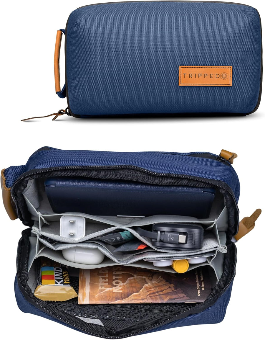 Tech Bag Organizer - Small Electronics Organizer Pouch for Travel - Premium Travel Case with Leather Accents - Mesh Pocket for Cables, Cords and Chargers -  (