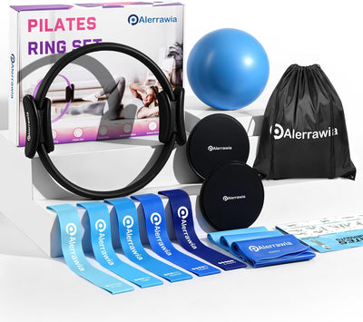 Pilates Ring Set Exercise Equipment with Exercise Bands Resistance Bands Set, Pilates Ball, Sliding Disks – Workout Equipment Home Gym Includes Complete Fitness Poster
