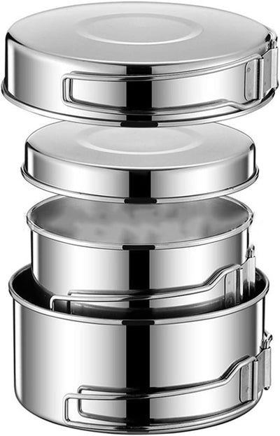 Set of 4  Stainless Steel Cookware Set Portable Stainless Steel Pan Pot Plate Camping Cookware Set for Outdoor Indoors Kitchen Family Camping Picnic Backpacking Hiking Fishing