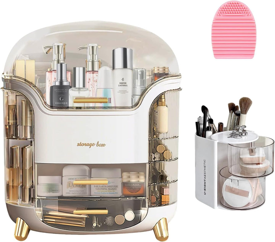 Portable Make up Case Dustproof Cosmetic Storage, Skin Care Products Jewelry Organizer Lipstick Box Comes with Powder Puff Storage Box and Silicone Washer (White)