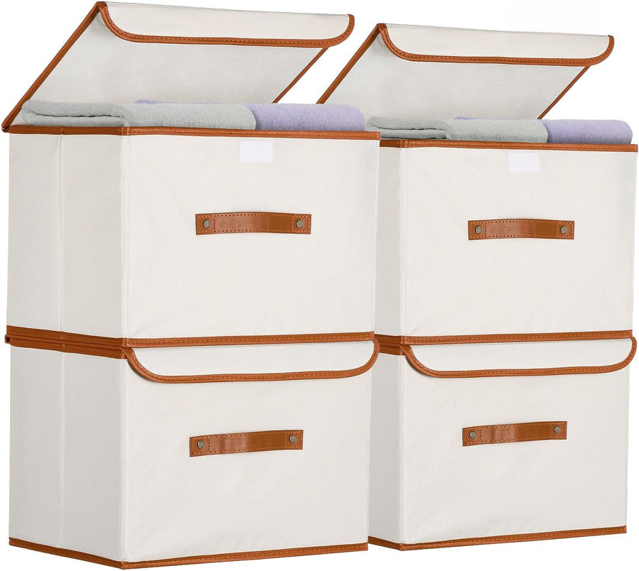 Foldable Storage Box with Lid and Handles, L37 × W27 × H26 Cm, 26L Linen Storage Closet Organiser, Clothes Storage Organizers Fabric Storage Bins for Clothes Sheet (4 Pack)