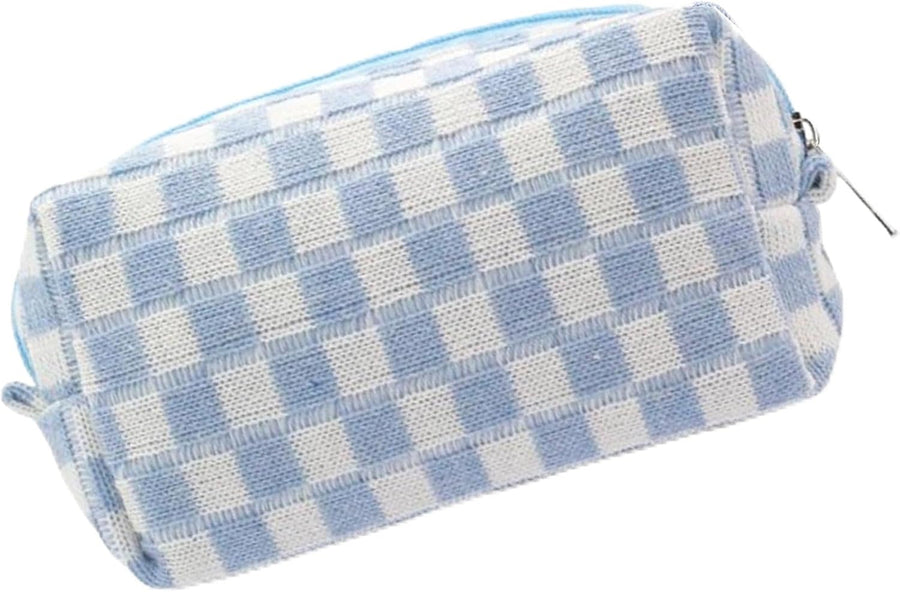 Blue Checkered Small Zipper Travel Cosmetic Makeup Storage Pouch | Stylish Toiletry Jewelry Accessory Organizer Fits inside Handbags Daily Travel Carry