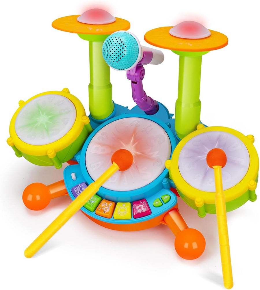Toddler Drum Set 1-3 Years Rock and Roll Musical Instrument Toy with 3 Drums, 2 Cymbals, Microphone, 5 Modes, Lights & Volume Control