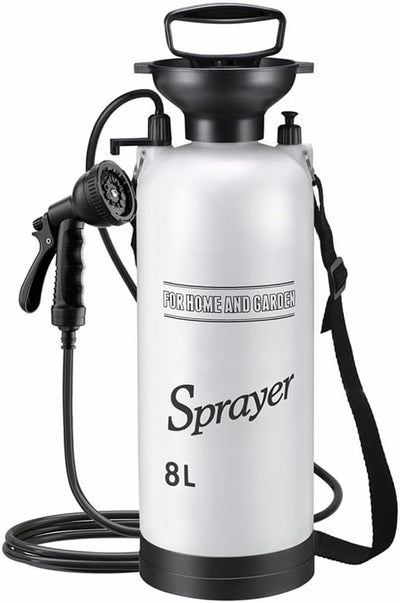 Large Sprayer,Hand Pump Sprayer,Plant Sprayer,Outdoor Camping Portable Shower,For Outdoor Camping or Garden Watering Flowers,Black and White,With 3M Leather Hose (8L)