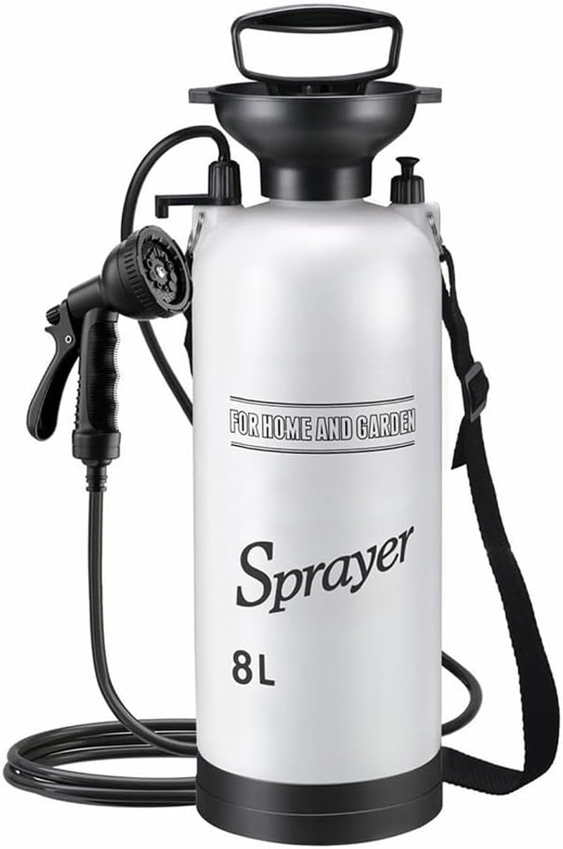 Large Sprayer,Hand Pump Sprayer,Plant Sprayer,Outdoor Camping Portable Shower,For Outdoor Camping or Garden Watering Flowers,Black and White,With 3M Leather Hose (8L)