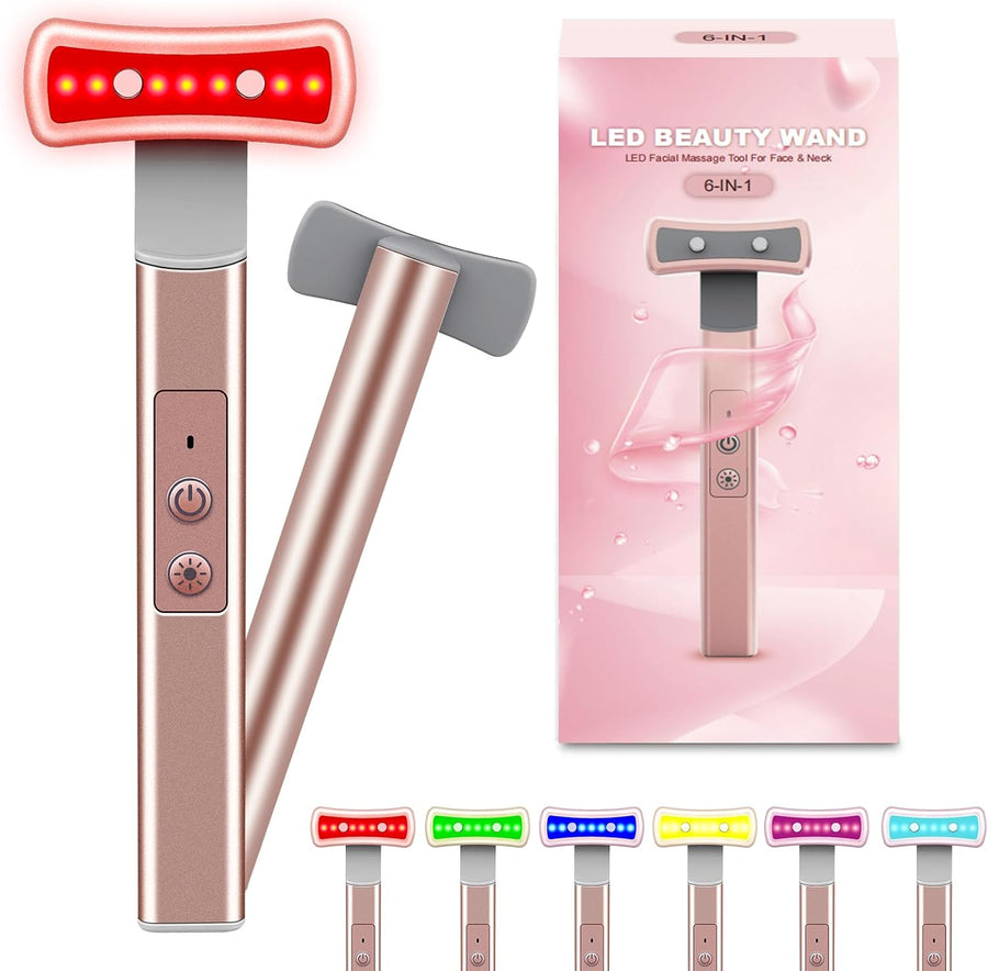 Red Light Therapy for Face, 6 in 1 LED Light Therapy Eye Equipment for Skin,Face Wand with Facial Massager, Skincare Facial Wand,Vibration, Thermal, Microcurrent，Portable Beauty Tools
