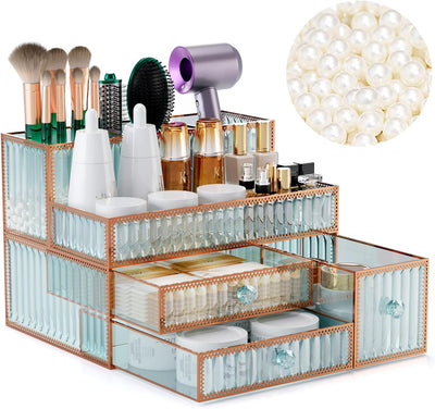 Youdepot Makeup Organizer, Tempered Glass Vanity Storage Box | Countertop, Cosmetics, Skincare, Perfume, Hair Tools & Brushes, No Assembly, Bathroom Counter