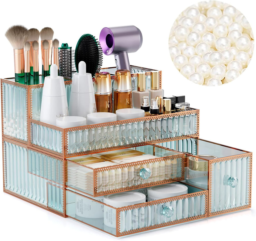Youdepot Makeup Organizer, Tempered Glass Vanity Storage Box | Countertop, Cosmetics, Skincare, Perfume, Hair Tools & Brushes, No Assembly, Bathroom Counter