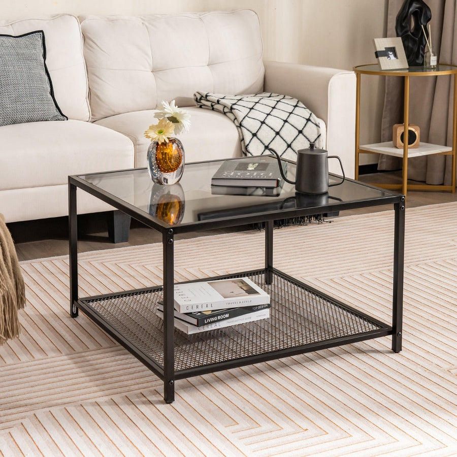 NNECW 70 CM Modern 2-Tier Square Glass Coffee Table with Mesh Shelf-Grey-0