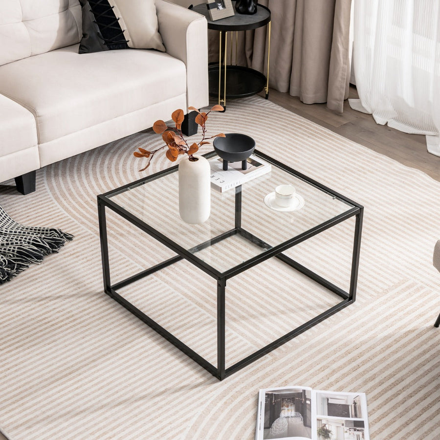 NNECW 70 CM Modern Square Glass Coffee Table with Metal Frame-White-0